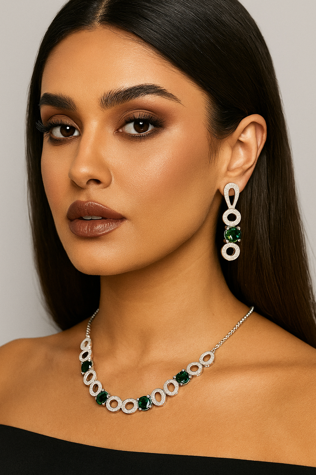 Multi-Color American Diamond Necklace Set – Purple, Green, Black & Silver Elegance