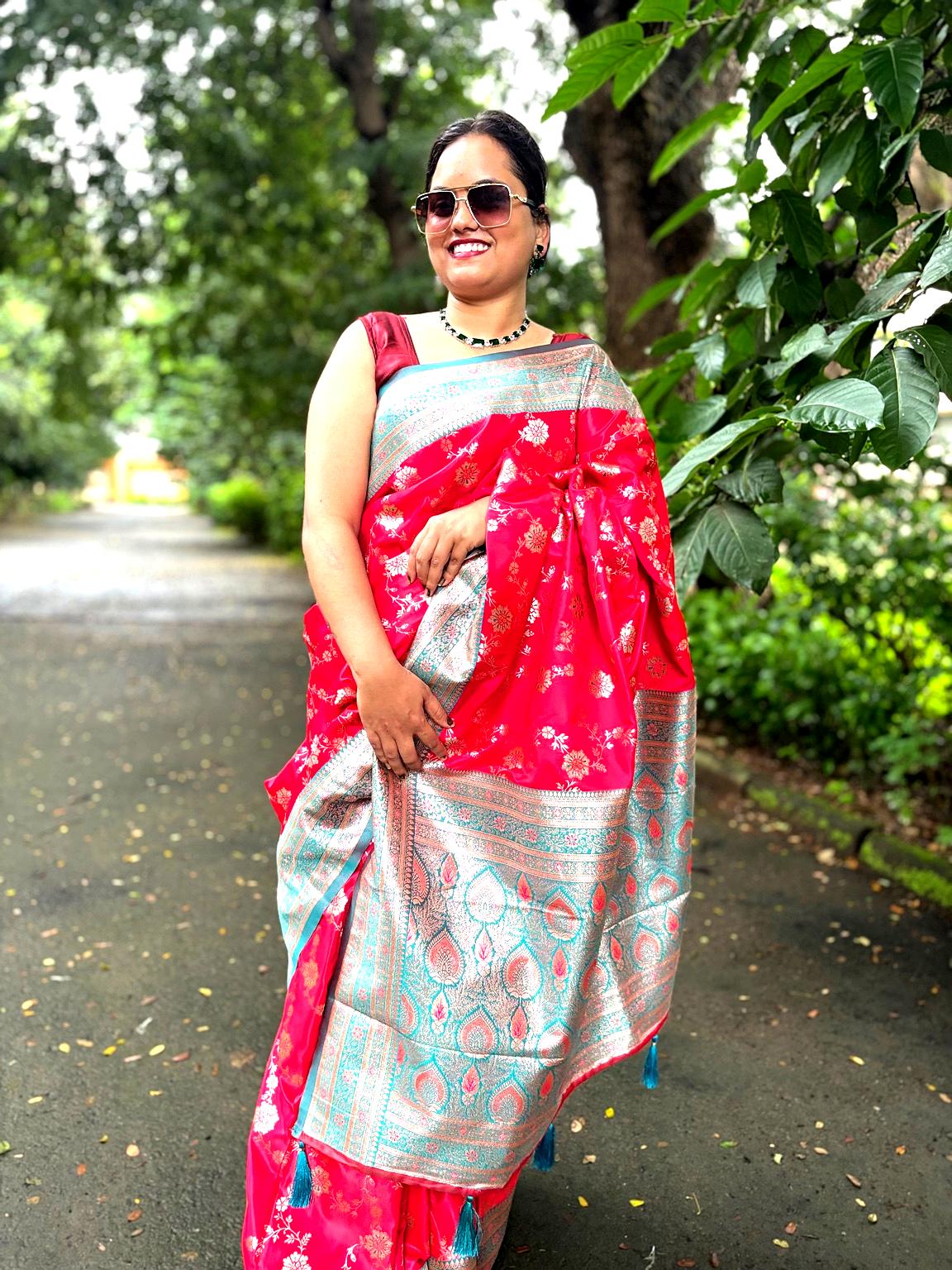 Red Banarasi Silk Saree with contrast Green color Unstitched Blouse