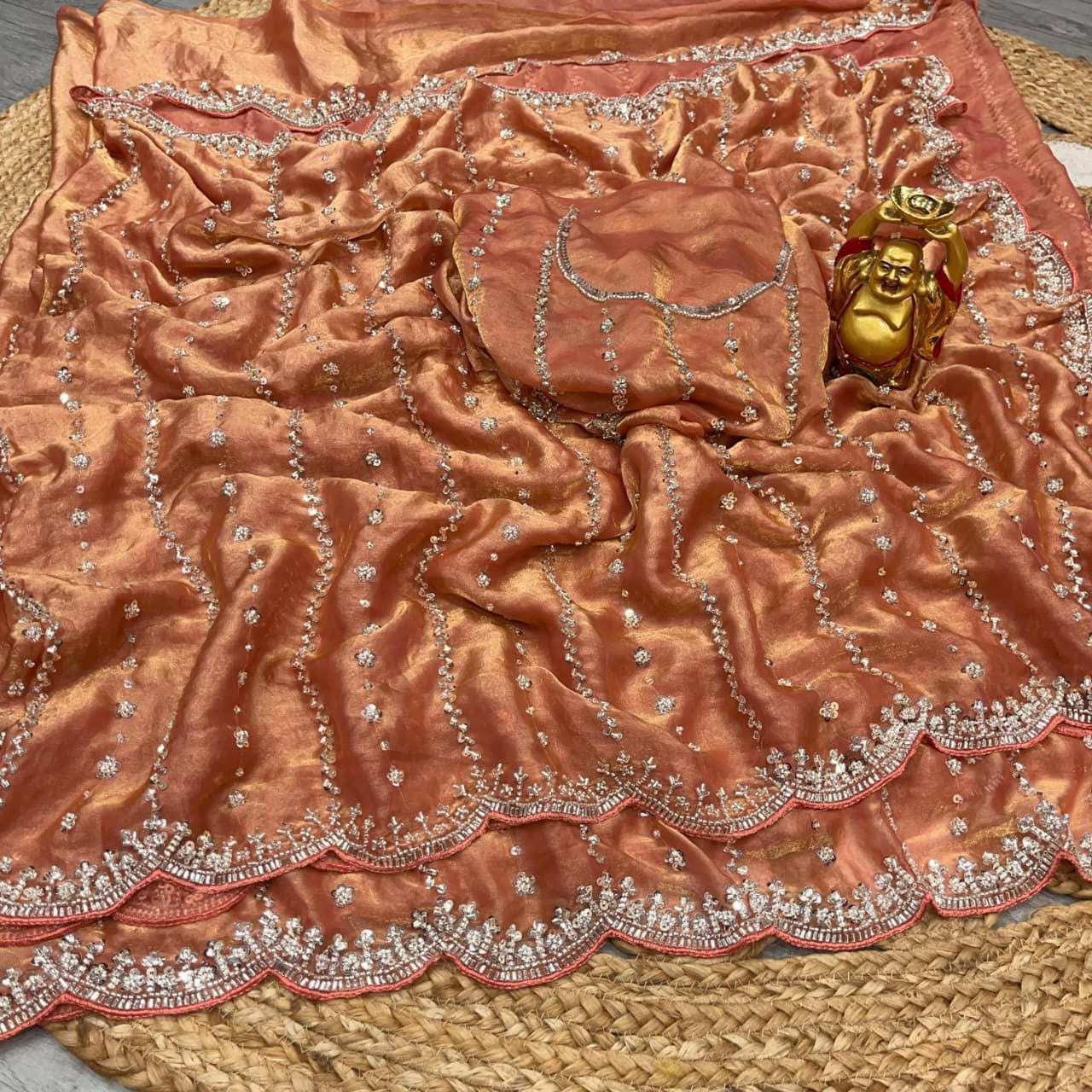 luxurious hand-beaded work saree with unstitched blouse fabric