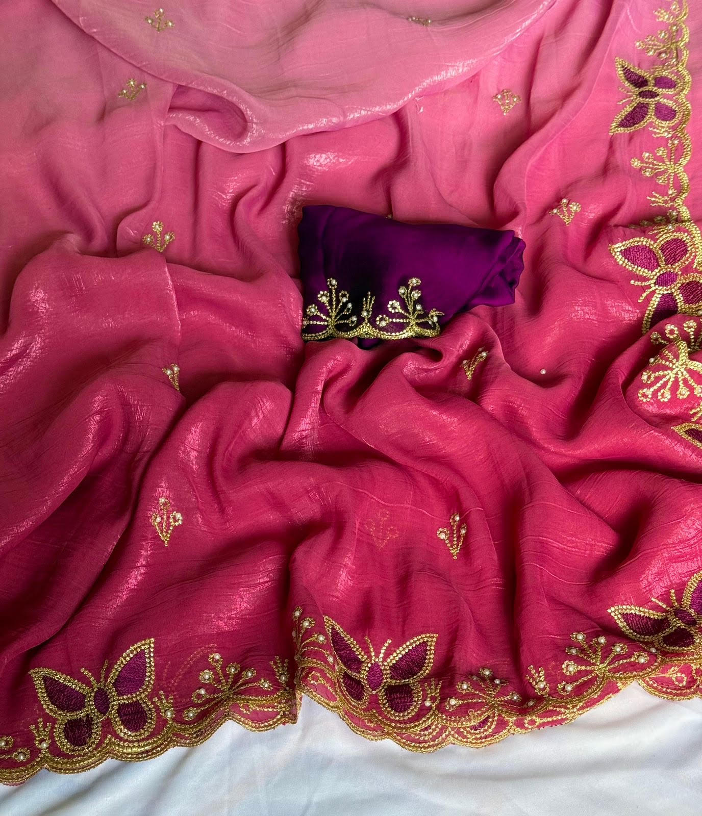 Chiffon Crunch Saree with handmade butterfly design.