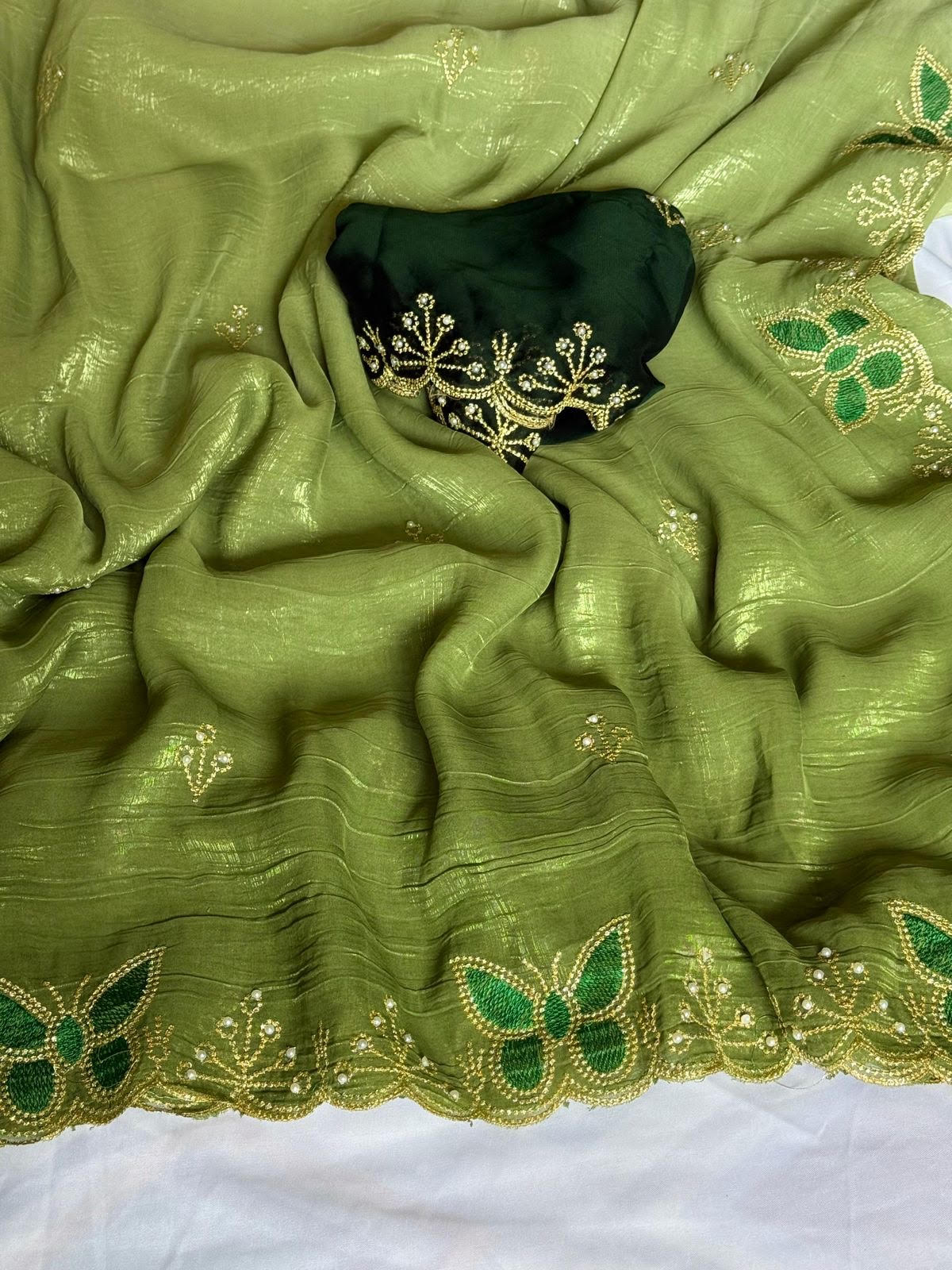 Chiffon Crunch Saree with handmade butterfly design.