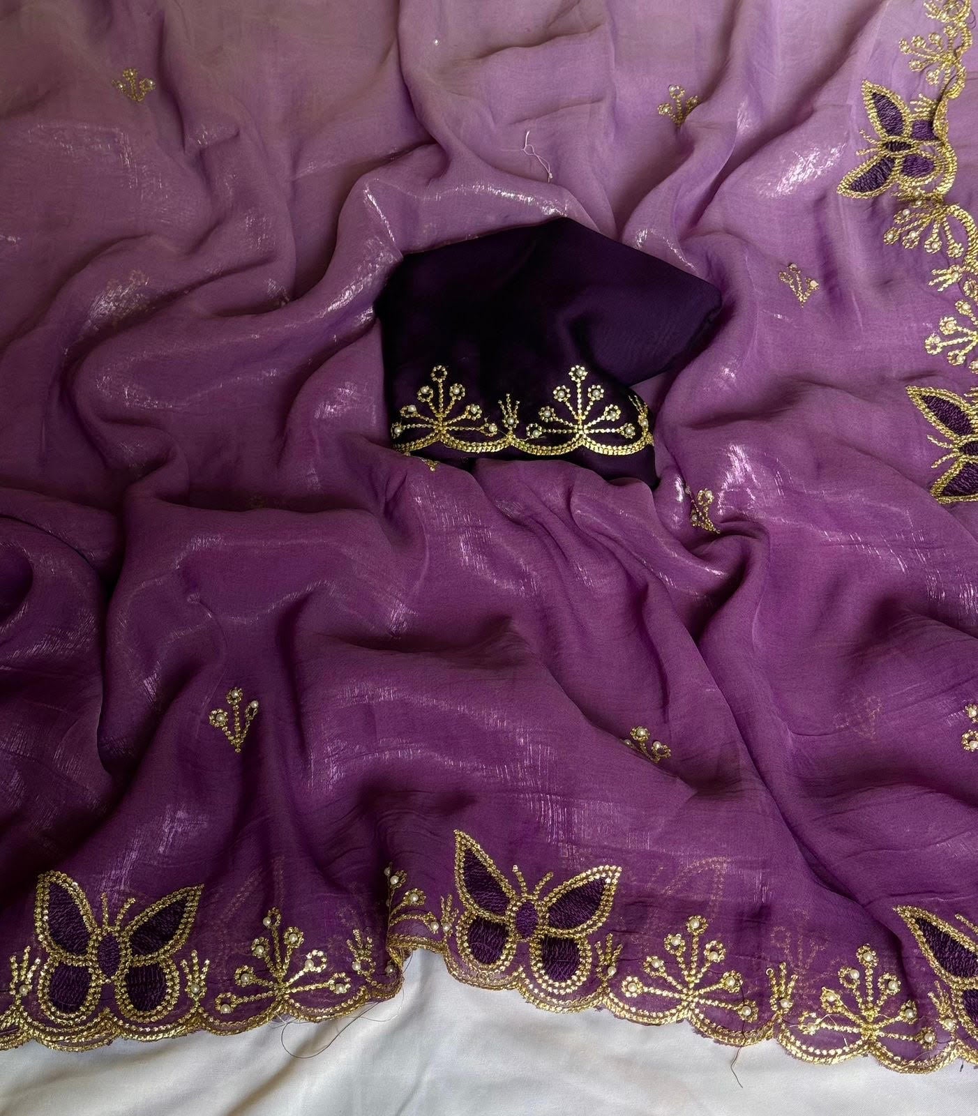 Chiffon Crunch Saree with handmade butterfly design.