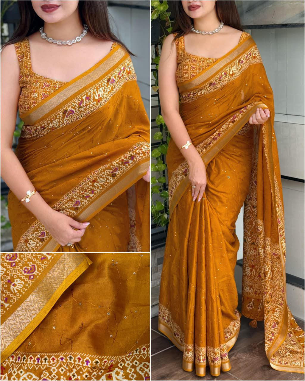 Pure Mul Cotton Ajrakh Printed Saree with Running Blouse | Zari Jacquard Border | Thread & Sequin Zaal Work | Tassels on Pallu (6.30 Mtrs)