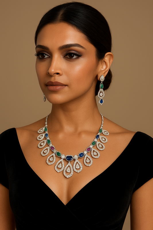 Beautiful Celebrity-Inspired Multicolour AD Necklace Set