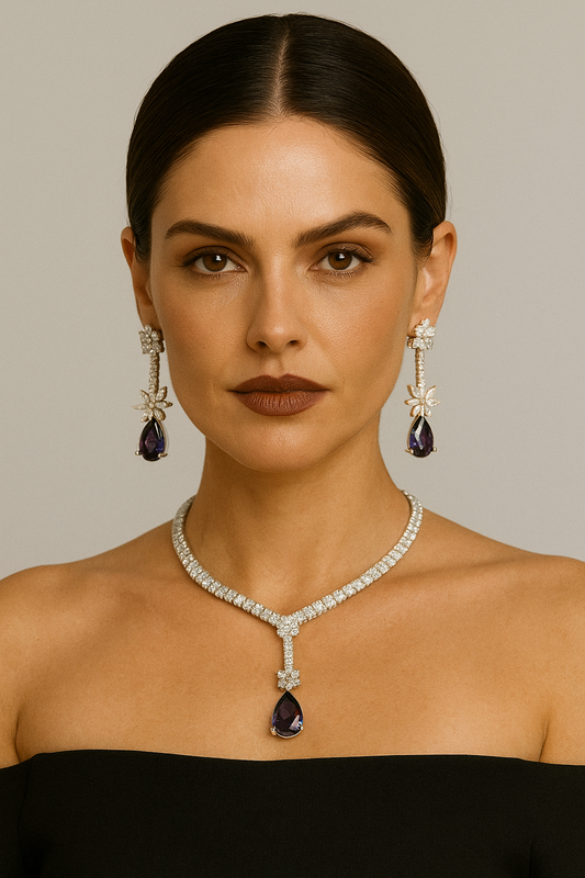 Beautiful Unique American Diamond Snake-Style Necklace with Purple Stones