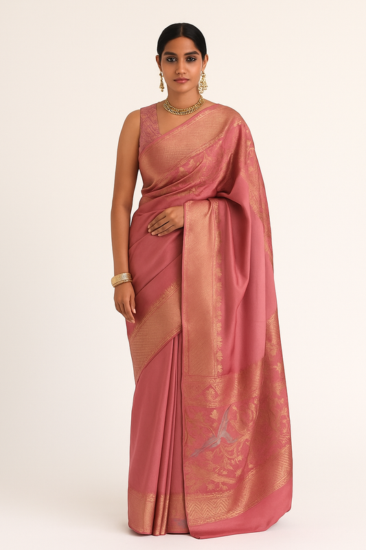 Elegant Rivayat muslin satin silk saree with soft sheen, fluid drape, and matching unstitched blouse. Perfect for weddings, festive wear, and graceful evening occasions