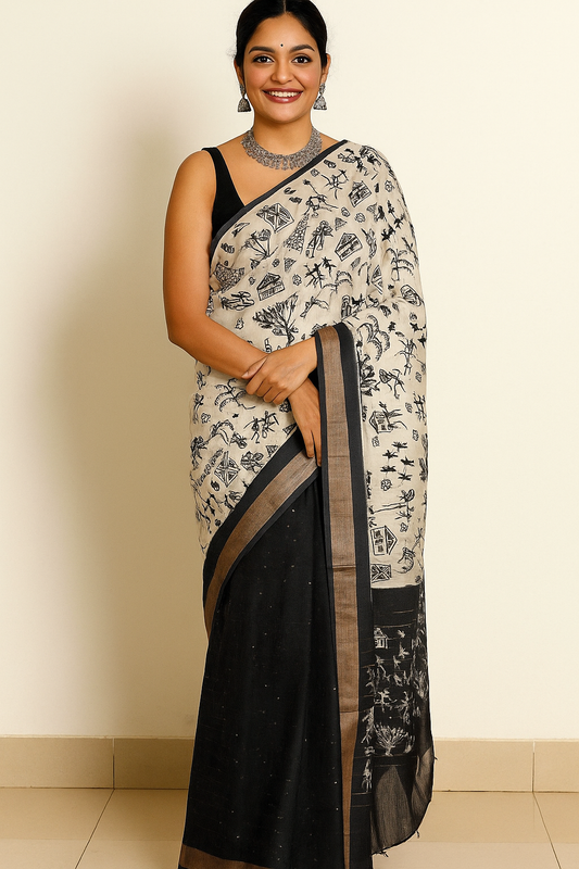 Hand Printed Soft Silk Saree with Unstitched Blouse