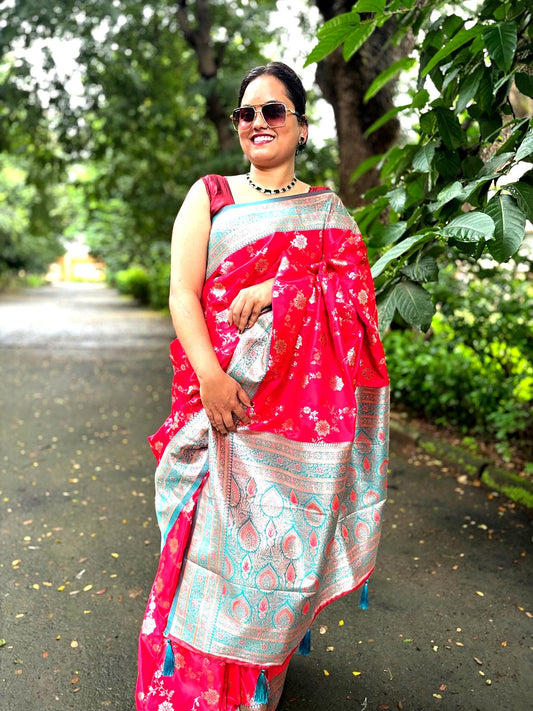 Red Banarasi Silk Saree with contrast Green color Unstitched Blouse