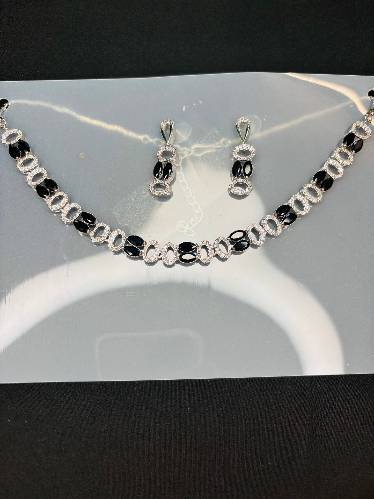 Multi-Color American Diamond Necklace Set – Purple, Green, Black & Silver Elegance