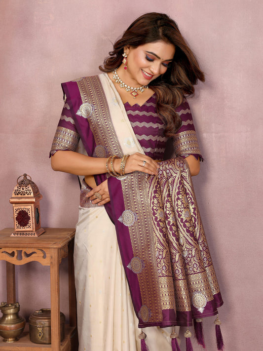 Kalamkari Silk with Contrast Kalamkari Blouse piece with Zari Border