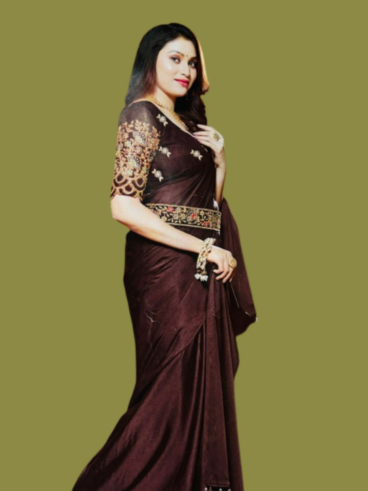Coffee Colour Designer Satin Saree with Unstitched Designer Blouse & Waist Belt – Chic Minimalism Meets Statement Styling