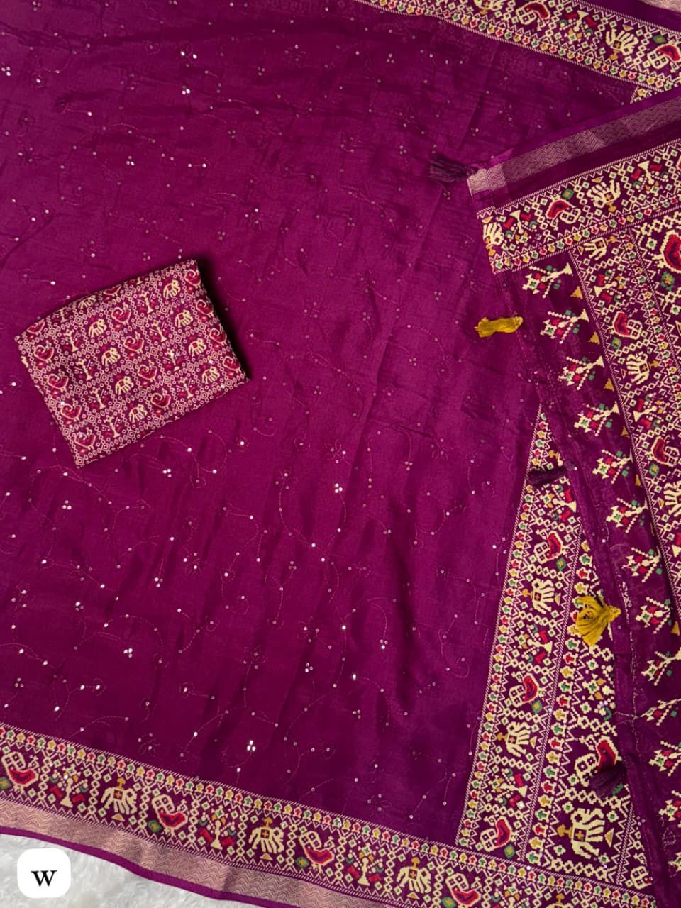Pure Mul Cotton Ajrakh Printed Saree with Running Blouse | Zari Jacquard Border | Thread & Sequin Zaal Work | Tassels on Pallu (6.30 Mtrs)