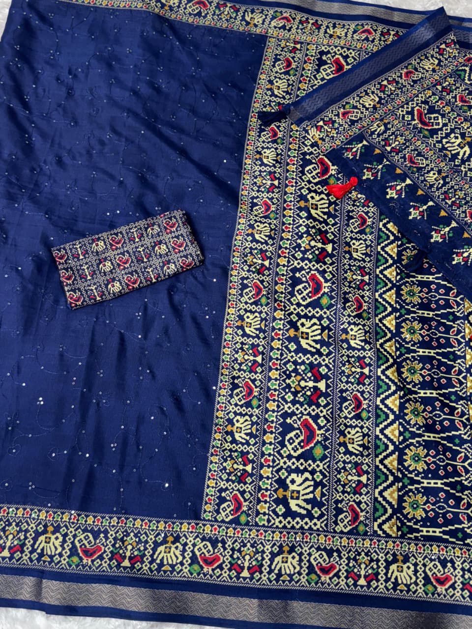 Pure Mul Cotton Ajrakh Printed Saree with Running Blouse | Zari Jacquard Border | Thread & Sequin Zaal Work | Tassels on Pallu (6.30 Mtrs)
