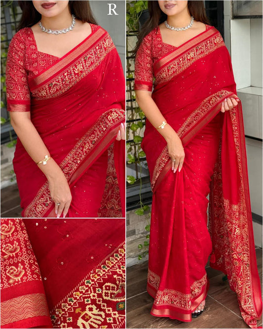 Pure Mul Cotton Ajrakh Printed Saree with Running Blouse | Zari Jacquard Border | Thread & Sequin Zaal Work | Tassels on Pallu (6.30 Mtrs)
