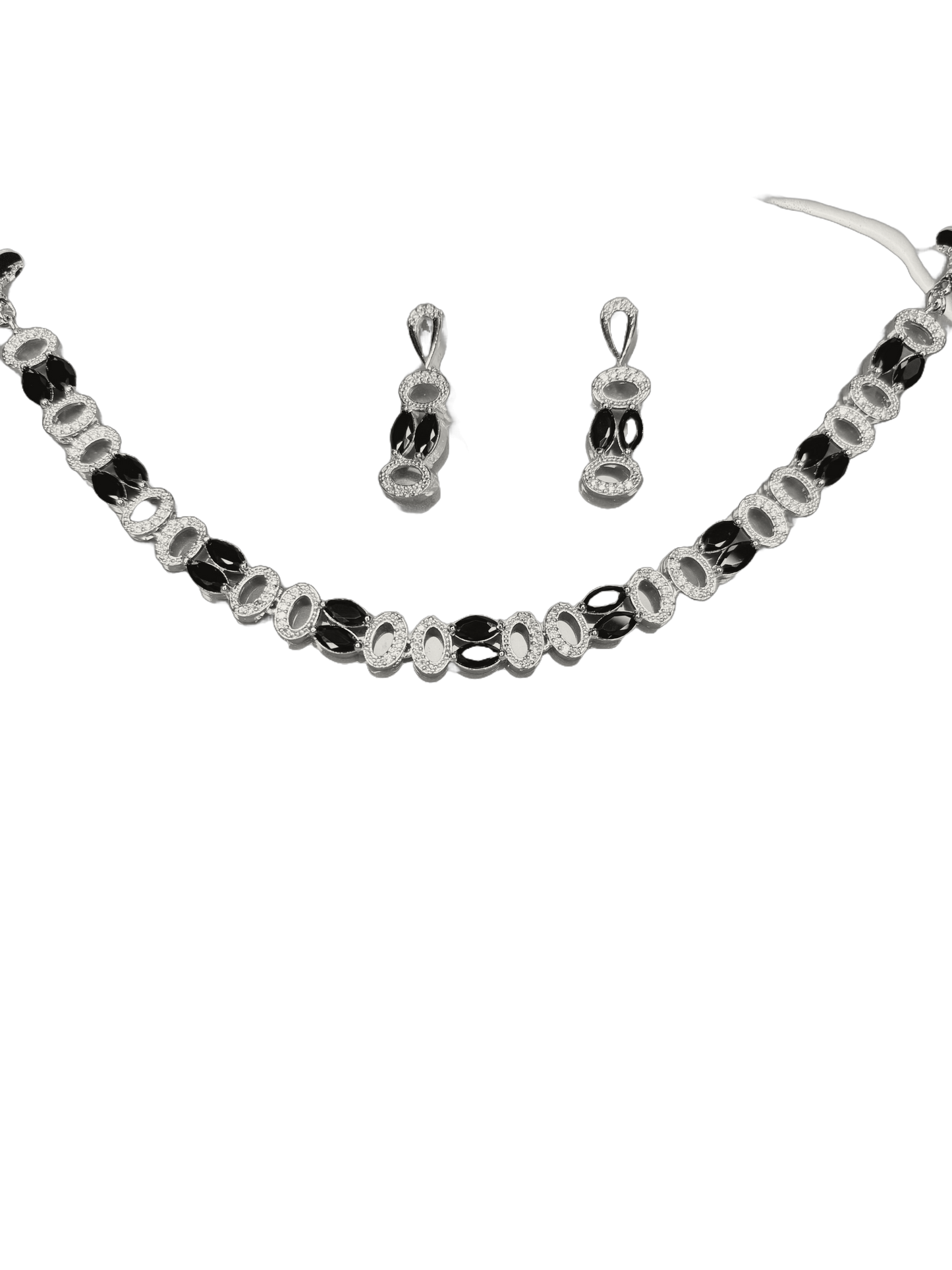 Multi-Color American Diamond Necklace Set – Purple, Green, Black & Silver Elegance