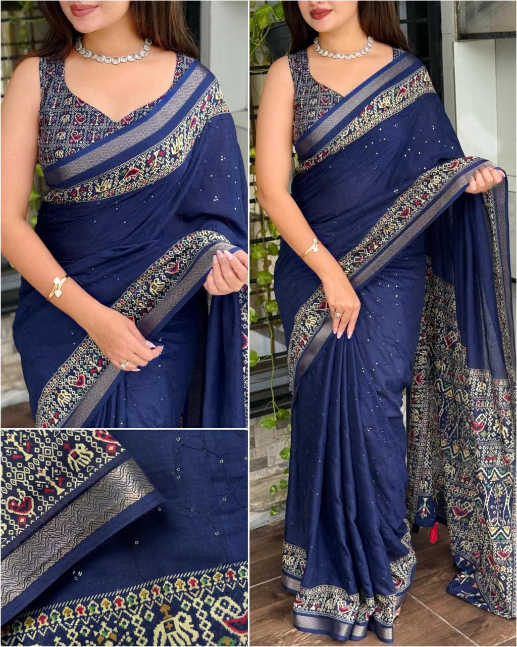 Pure Mul Cotton Ajrakh Printed Saree with Running Blouse | Zari Jacquard Border | Thread & Sequin Zaal Work | Tassels on Pallu (6.30 Mtrs)