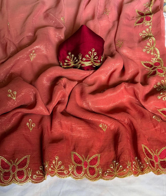 Chiffon Crunch Saree with handmade butterfly design.