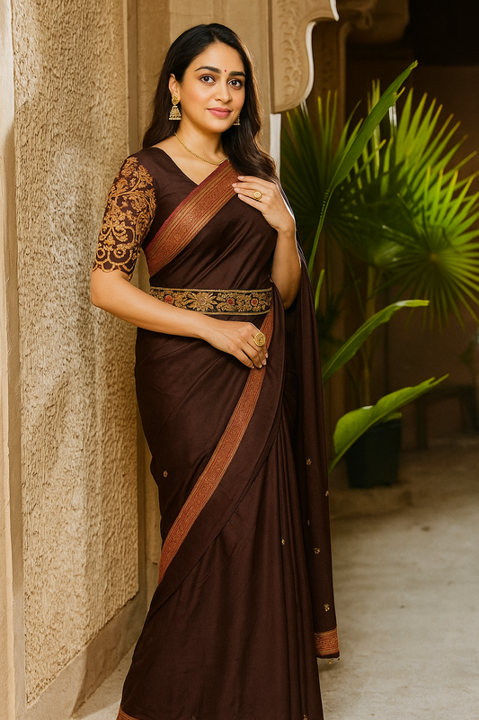 Coffee Colour Designer Satin Saree with Unstitched Designer Blouse & Waist Belt – Chic Minimalism Meets Statement Styling