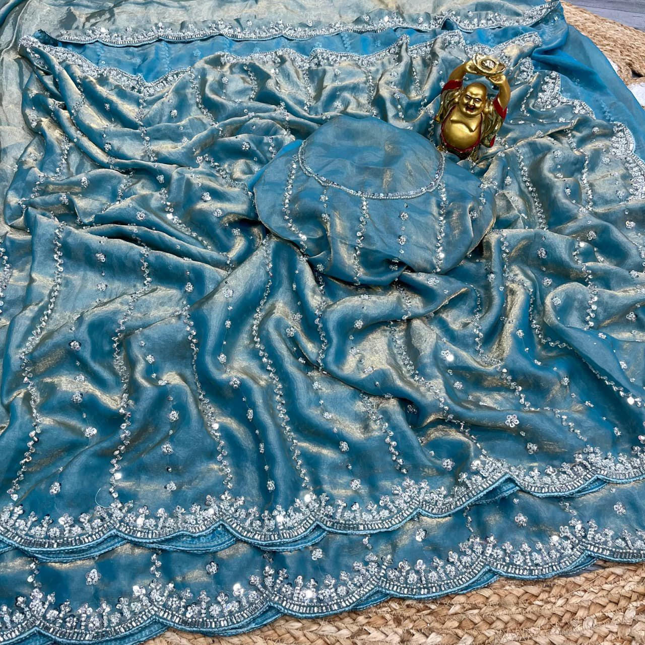 luxurious hand-beaded work saree with unstitched blouse fabric