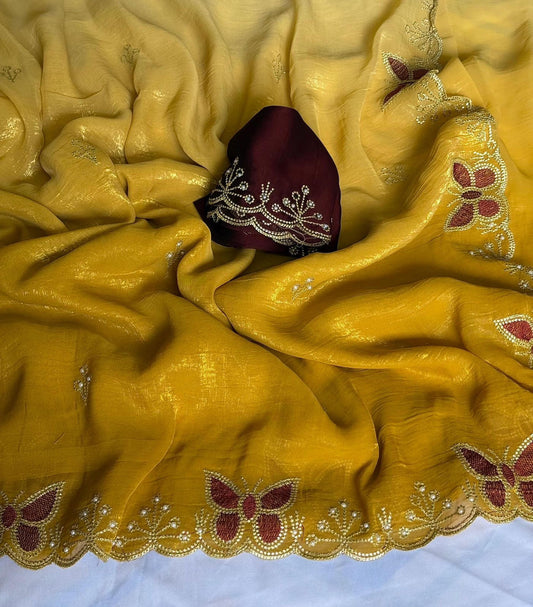 Chiffon Crunch Saree with handmade butterfly design.