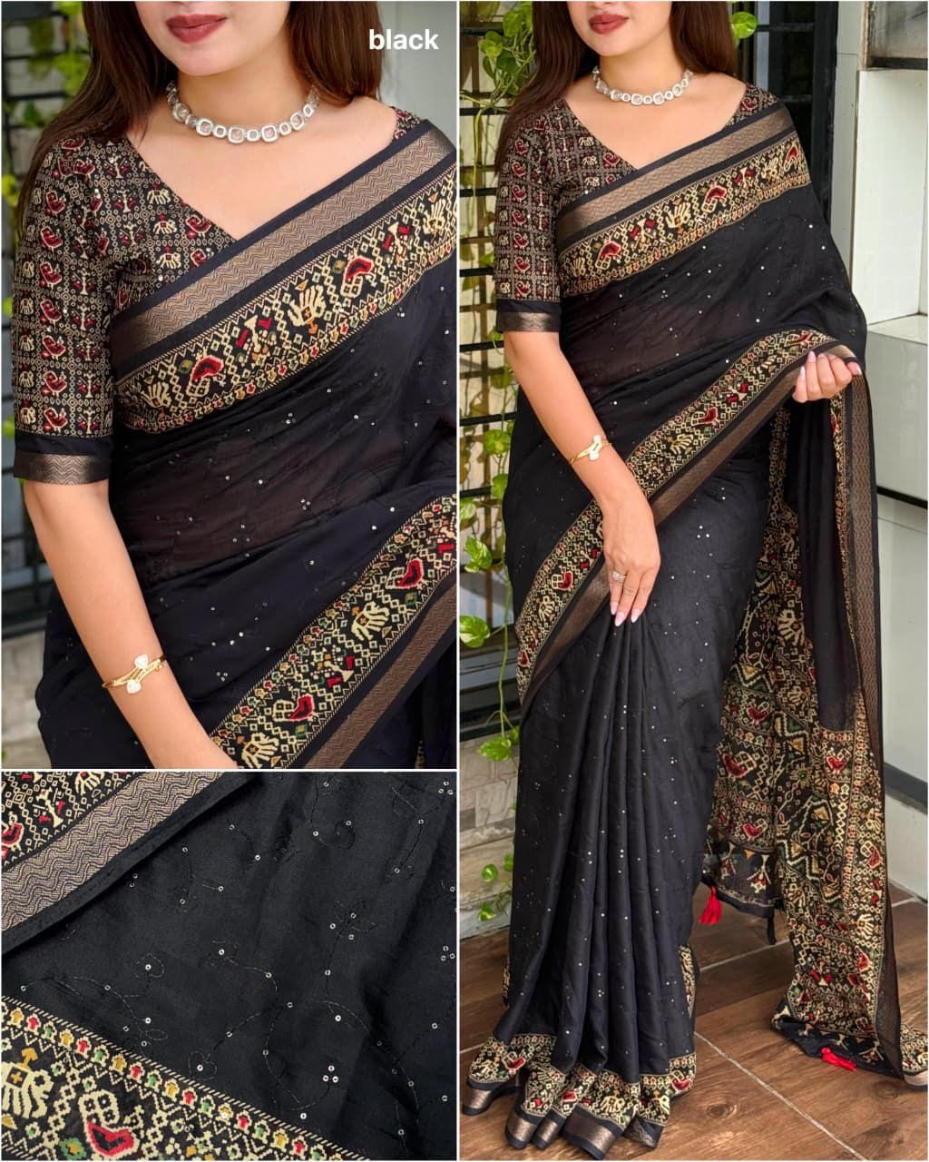 Pure Mul Cotton Ajrakh Printed Saree with Running Blouse | Zari Jacquard Border | Thread & Sequin Zaal Work | Tassels on Pallu (6.30 Mtrs)