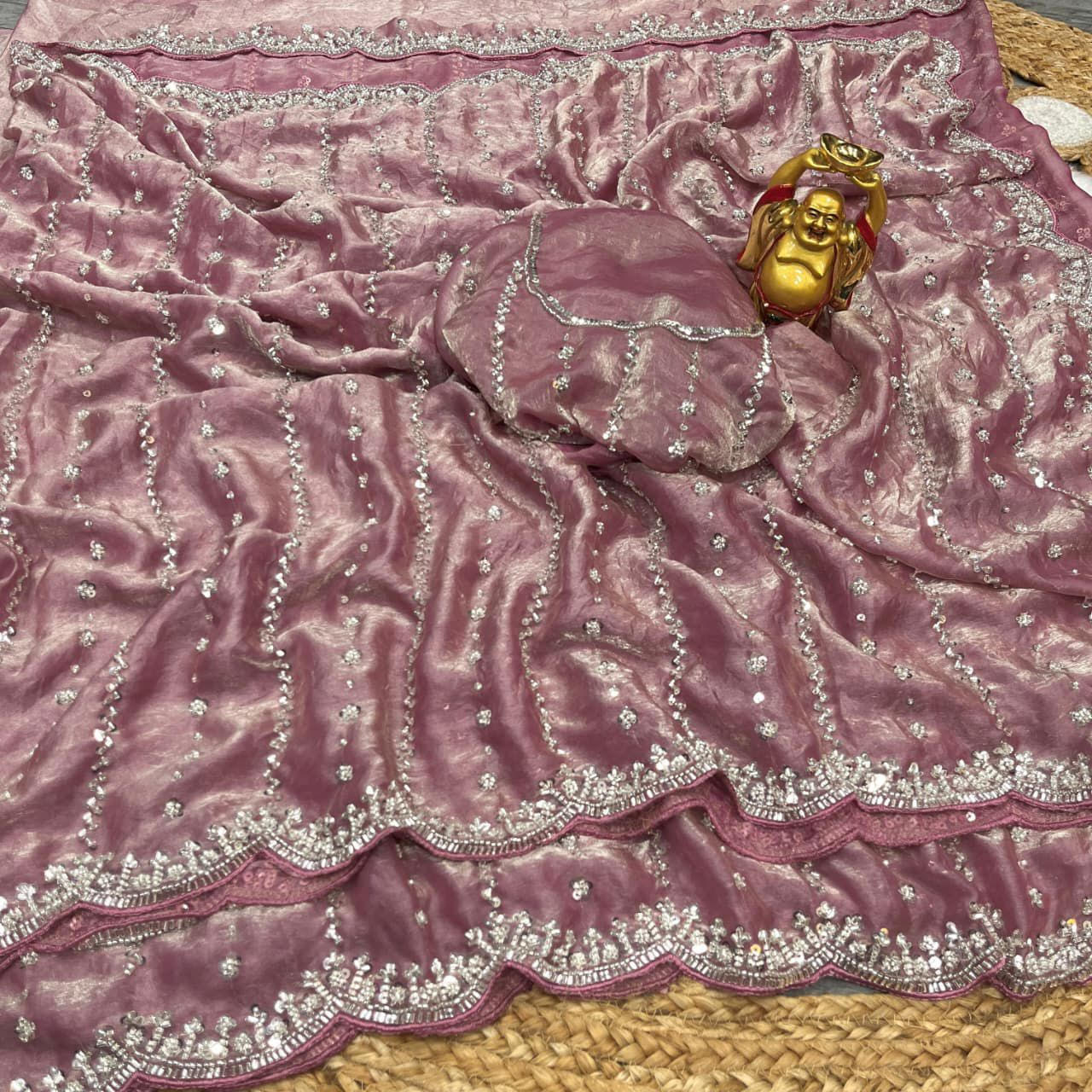 luxurious hand-beaded work saree with unstitched blouse fabric